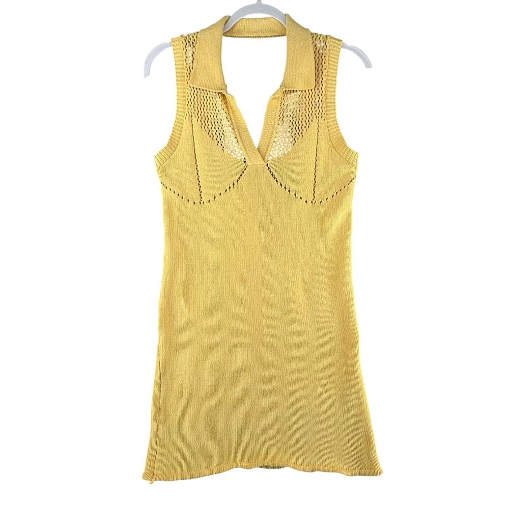 Zara Womens Yellow Perforated Chenille Knit Crochet Collared Mini‎ Dress Size M